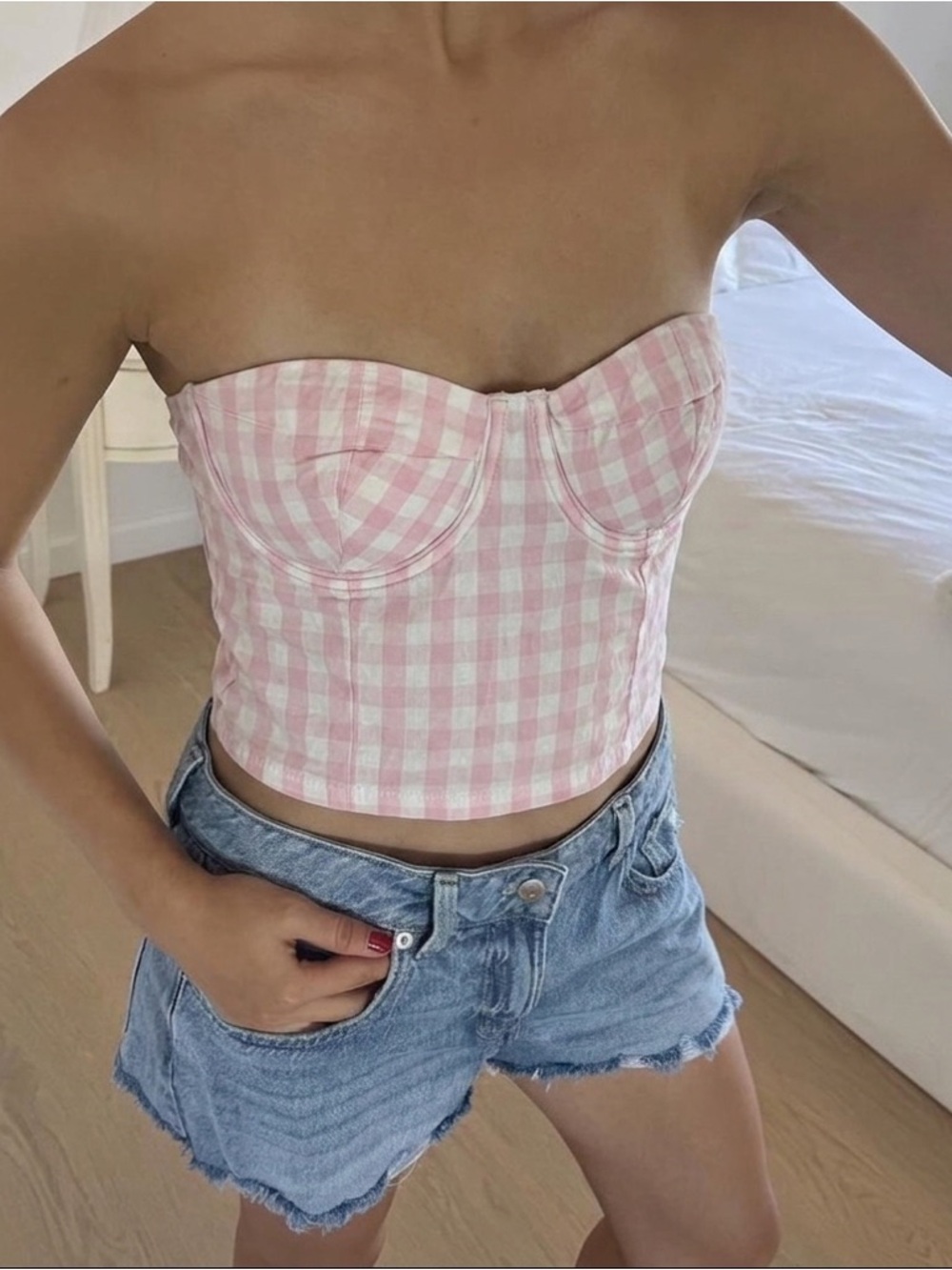 Zara Pink and White Gingham Strapless Bustier Crop Top